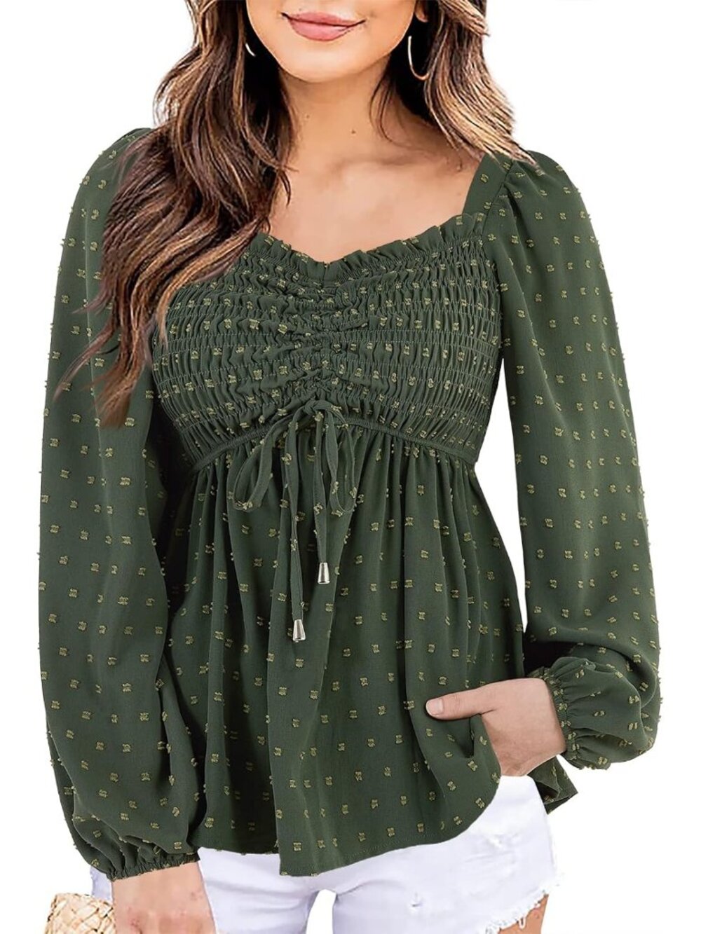 Womens V Neck Smocked Peplum Tops Balloon Long Sleeve Swiss Dot Ruched Blouses S